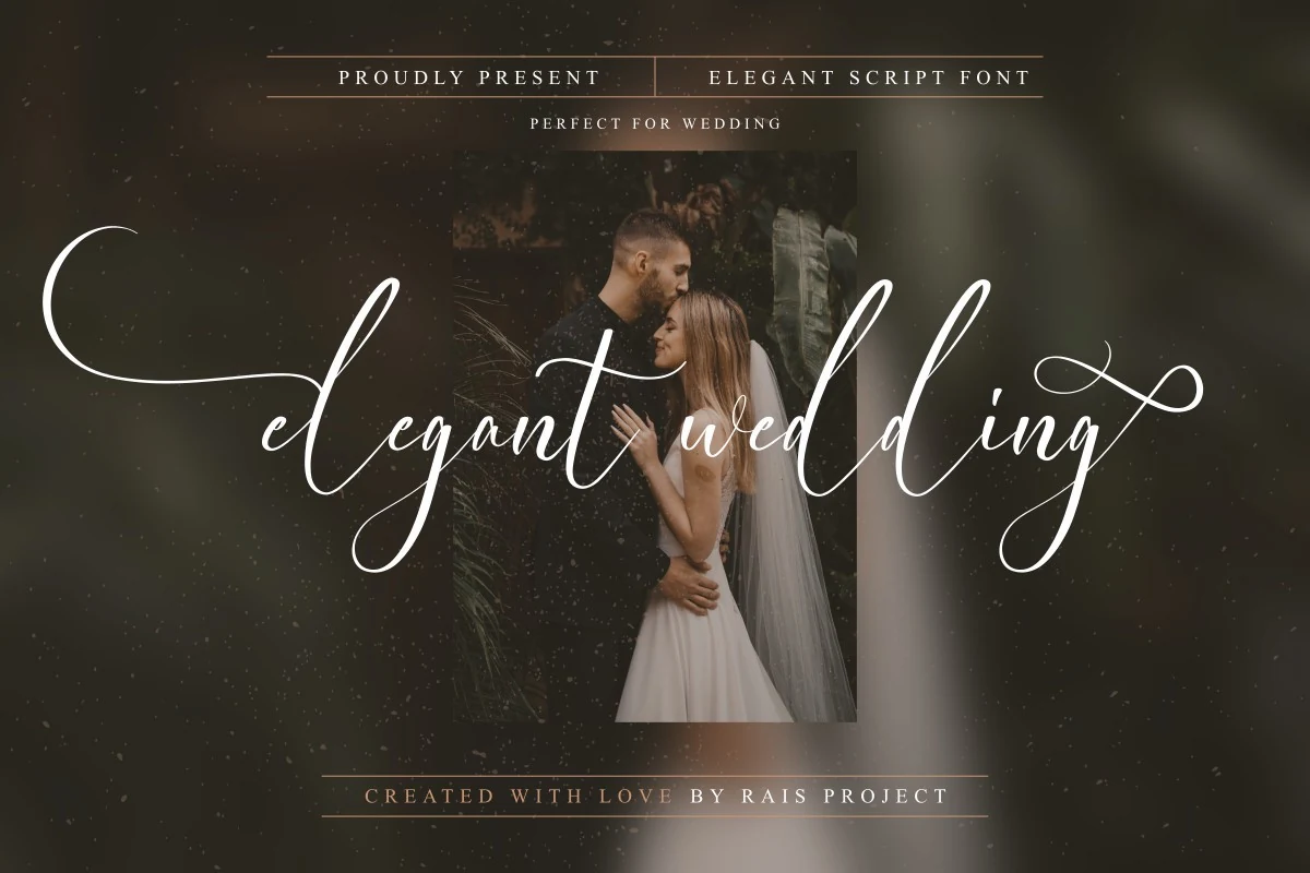 Elegant Wedding Font preview in delicate white script with long swashes
