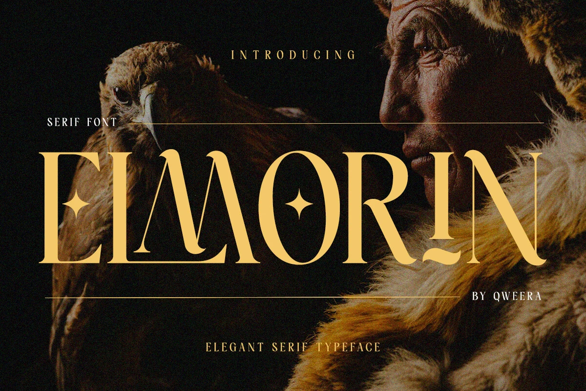 Elmorin Font preview with elegant high-contrast serif capitals and sharp refined letterforms
