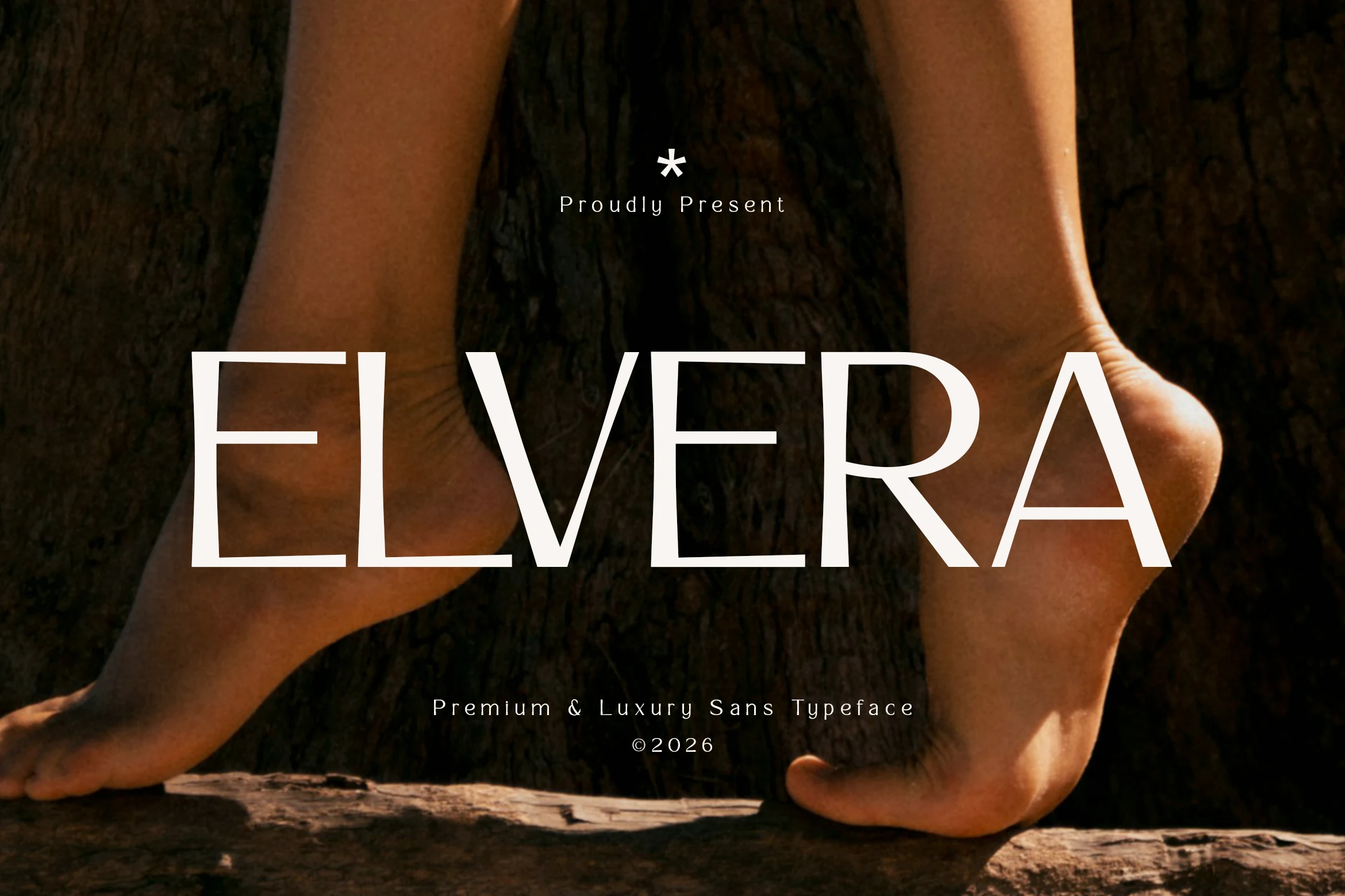 Elvera Font preview in thin uppercase sans serif lettering with wide proportions for fashion branding