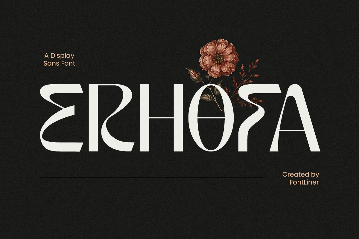 Erhofa Font preview showing high-contrast display sans lettering with stylized curves and elongated forms