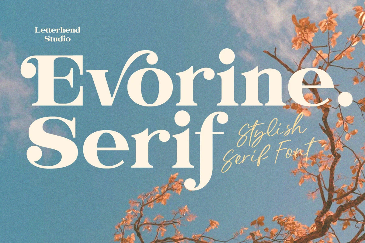 Evorine Serif Font preview with cream bold high-contrast serif lettering and rounded vintage shapes