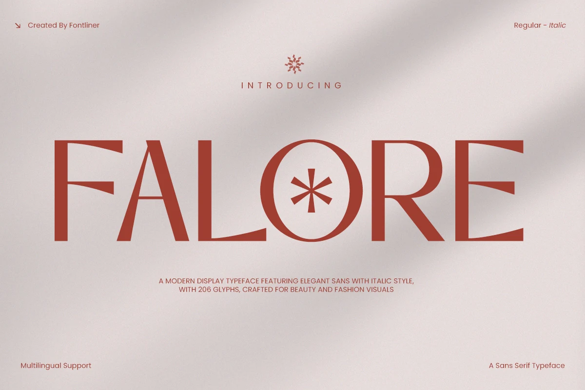 Falore Font preview with elegant red display lettering, sharp high-contrast shapes, and a decorative star detail