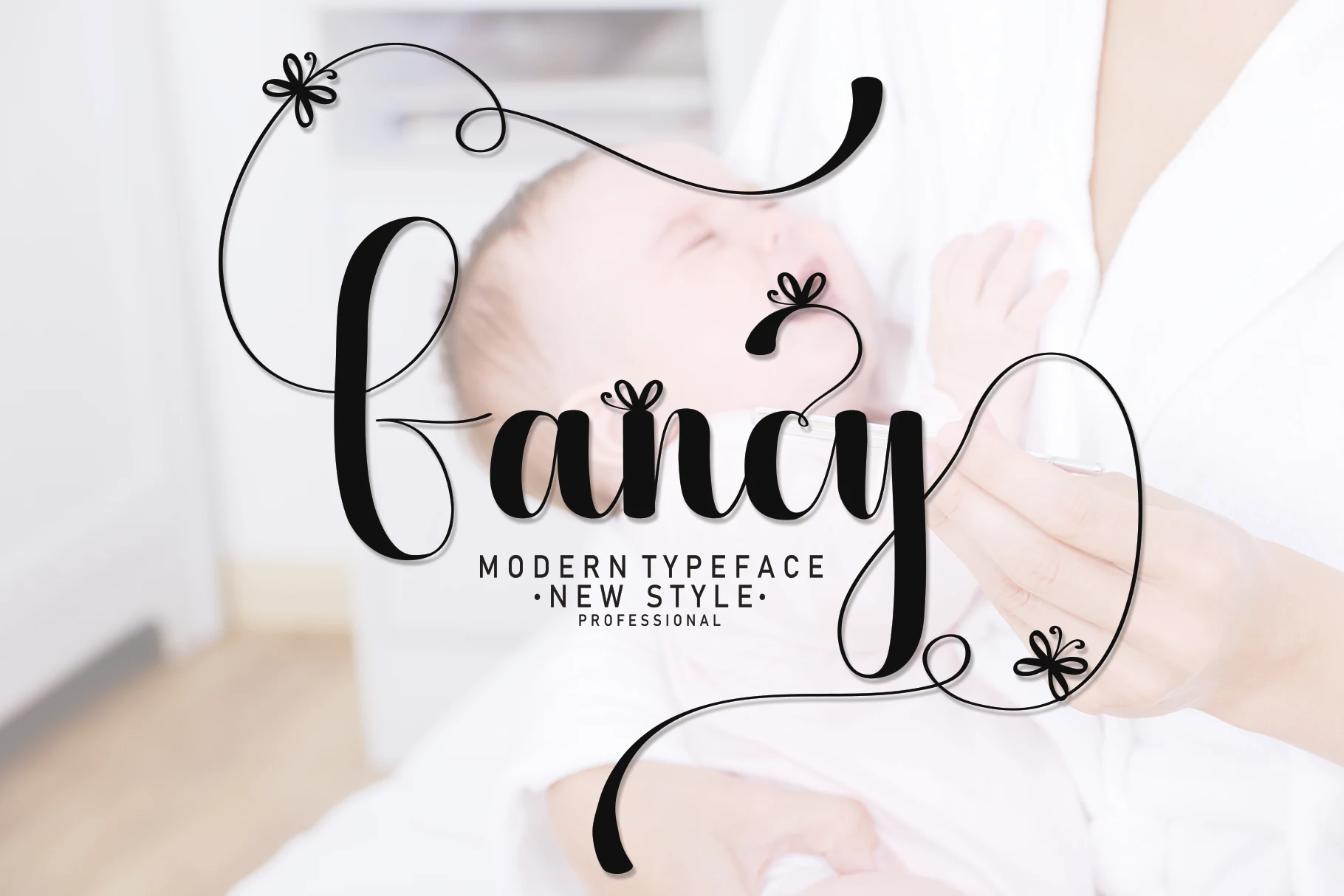 Fancy Font preview with bold black handwritten script, long looping swashes, and small flower ornaments