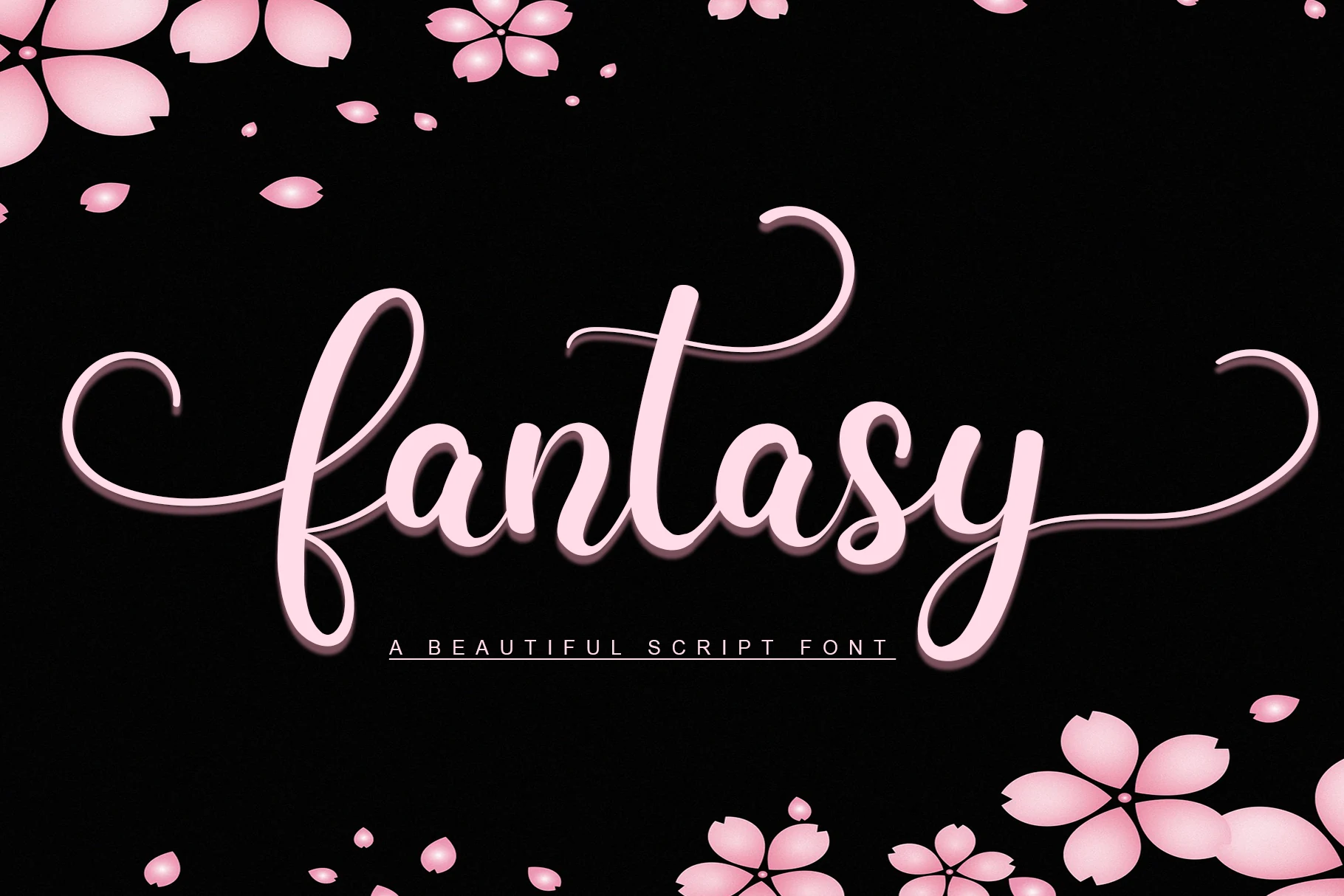 Fantasy Font preview in pink script with long flourishes and rounded handwritten strokes