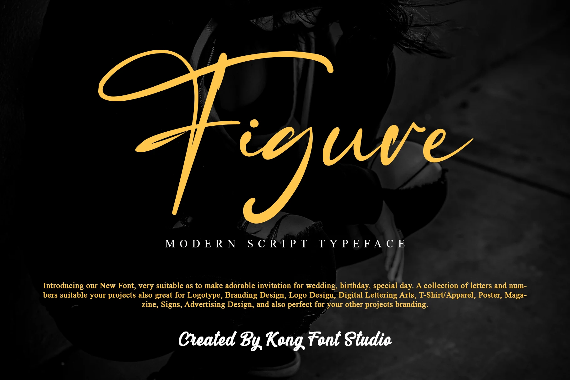 Figure Font preview in golden handwritten script with a long looping capital and smooth elegant strokes
