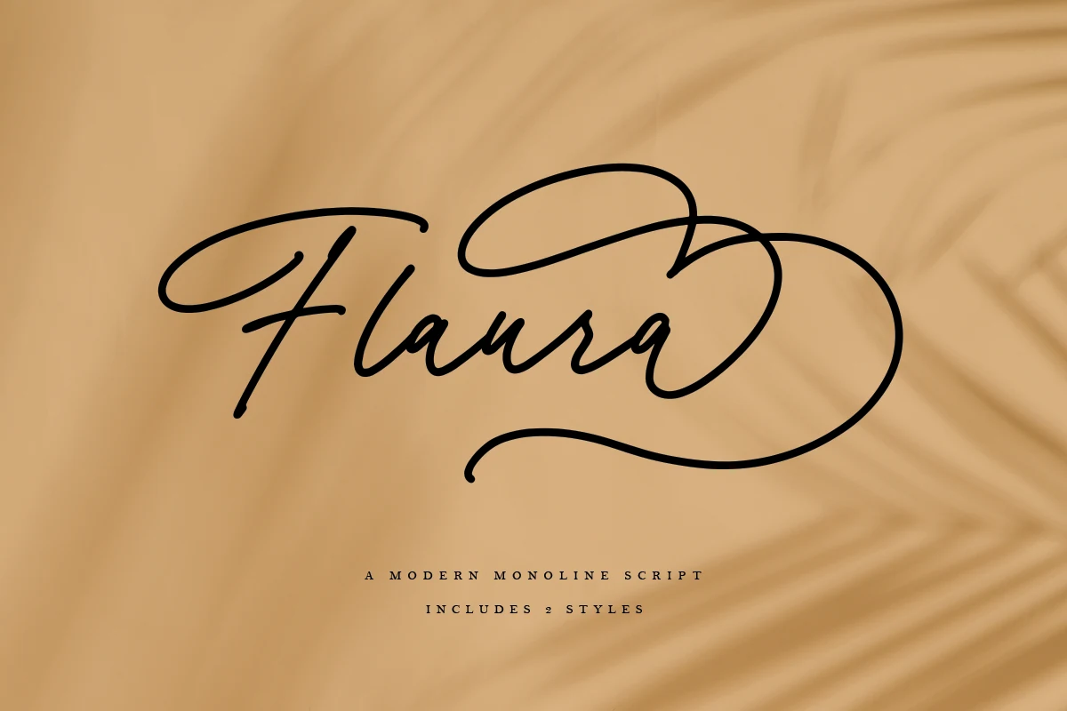 Flaura Font black monoline handwritten script with large looping swashes