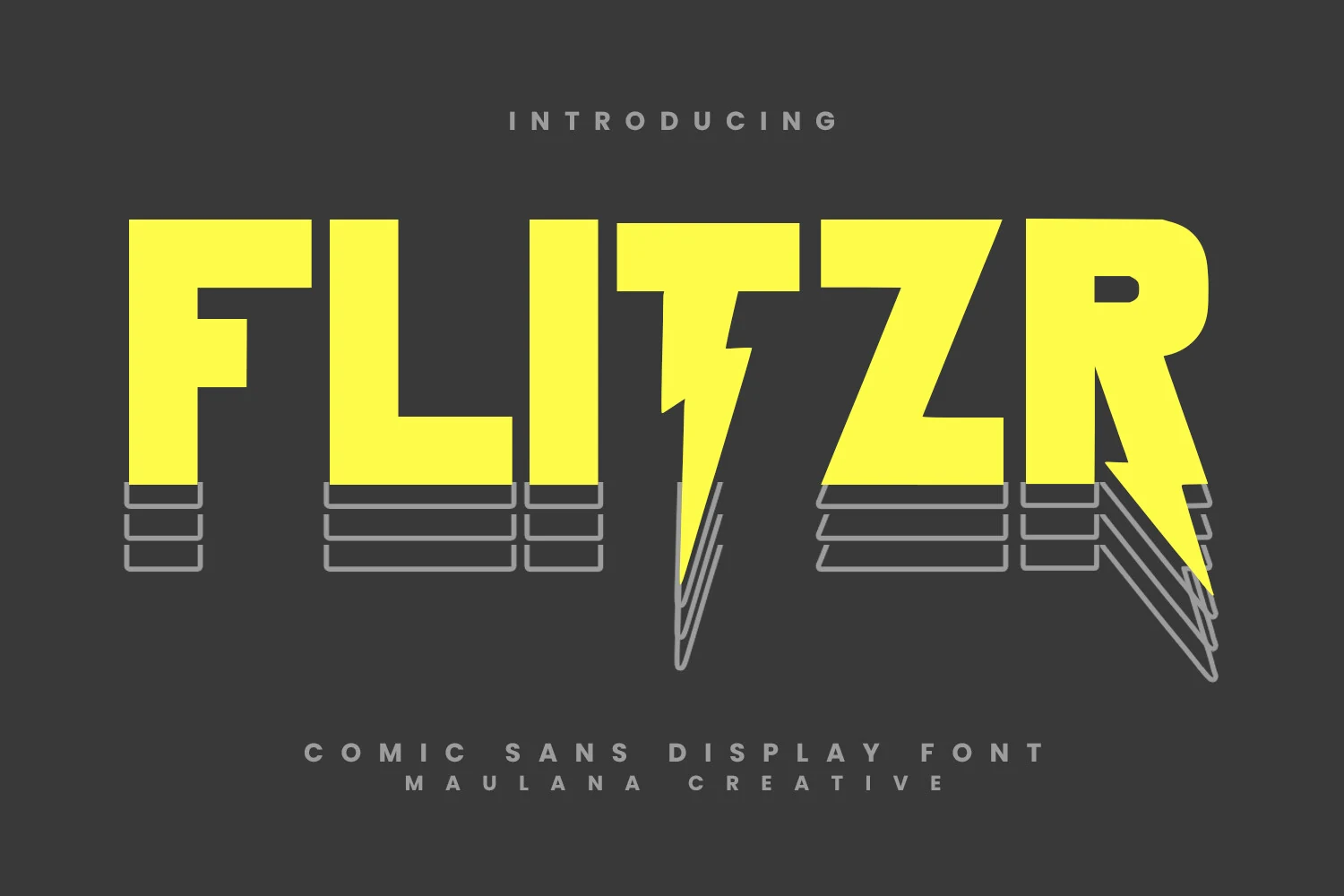 Flitzr Flash Font preview in bold yellow block letters with lightning-bolt shapes and stacked outline shadows
