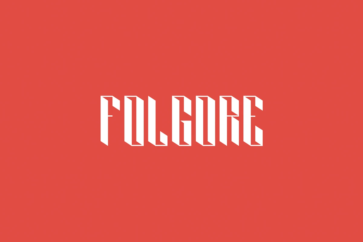 Folgore Font preview with white angular 3D display lettering on a red background