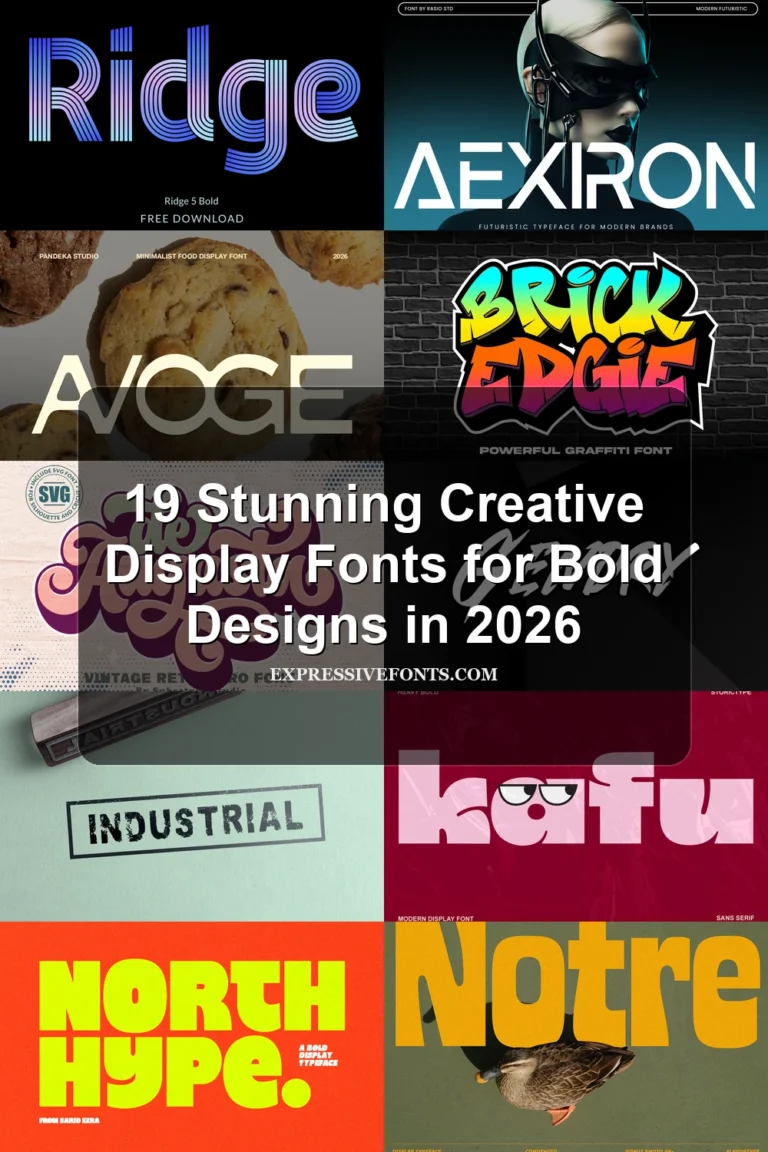 Cover image with previews of fonts from 19 Stunning Creative Display Fonts for Bold Designs in 2026