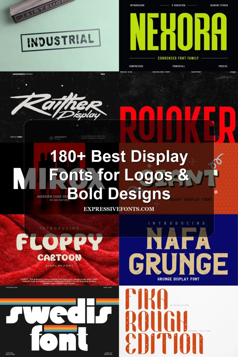 180+ Best Display Fonts collection cover with bold typography previews for logos, posters, branding, and creative designs.