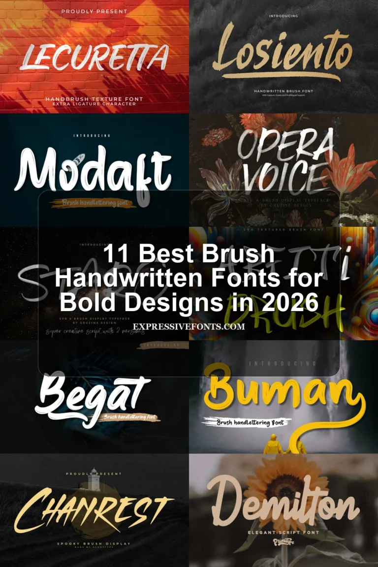 Cover image for 11 Best Brush Handwritten Fonts for Bold Designs in 2026, featuring preview fonts from the article in expressive brush lettering styles.