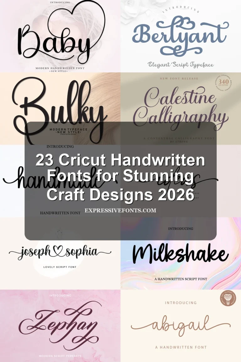 Cover image with previews of handwritten script fonts from the article 23 Cricut Handwritten Fonts for Stunning Craft Designs 2026