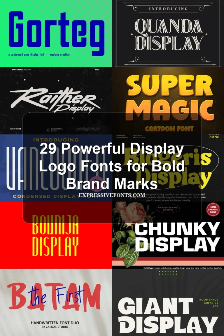 Cover image for 29 Powerful Display Logo Fonts for Bold Brand Marks with previews of display logo fonts from the article