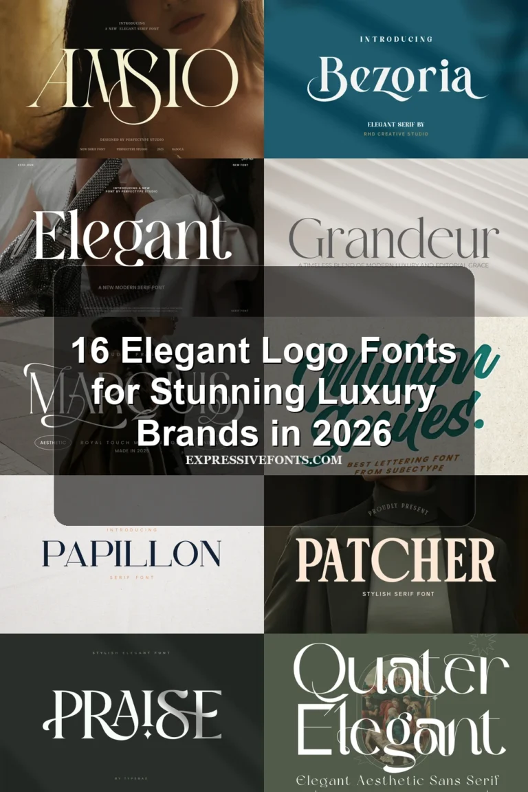 Cover image for 16 Elegant Logo Fonts for Stunning Luxury Brands in 2026 with previews of elegant serif, script, and swash fonts from the article.