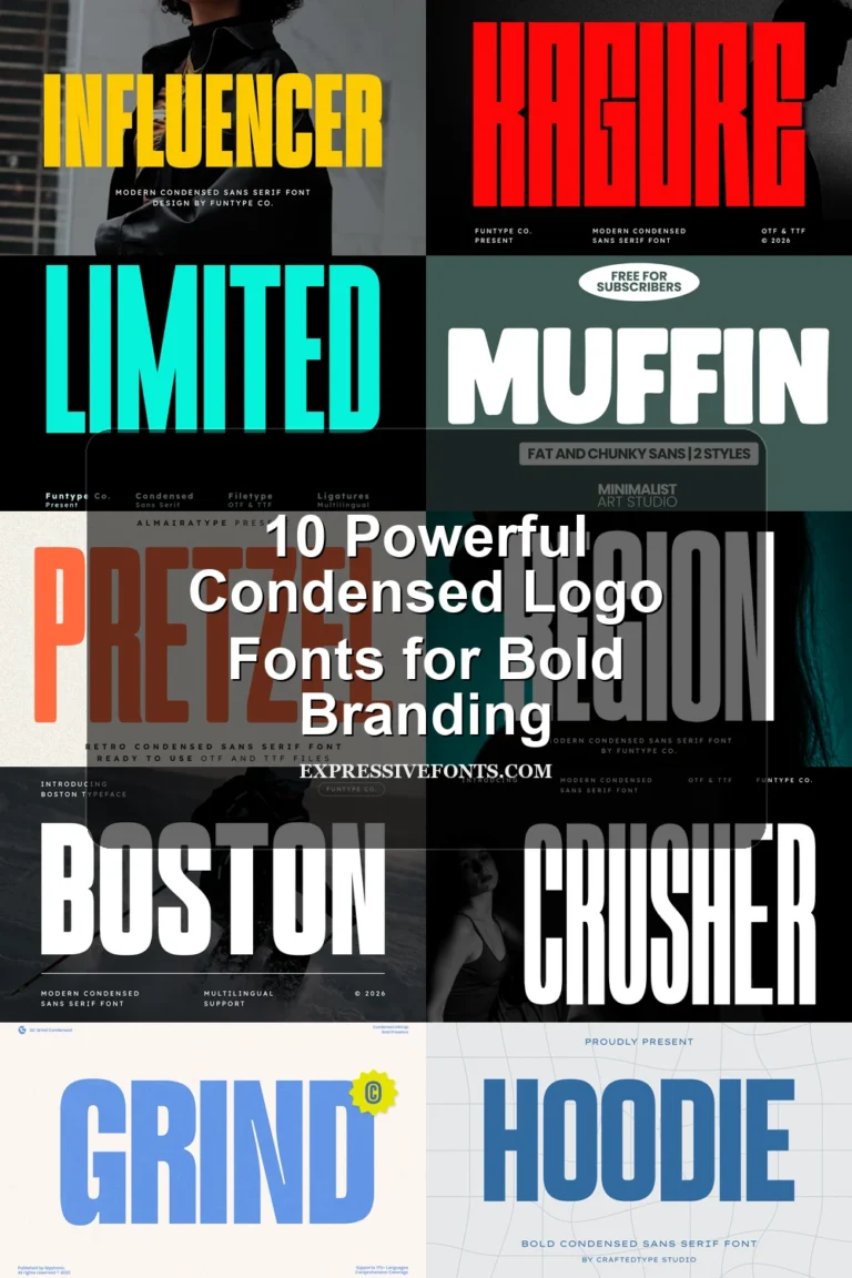 Cover image for 10 Powerful Condensed Logo Fonts for Bold Branding showing preview samples of condensed logo fonts from the article.