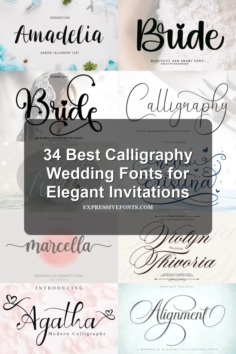 Cover image for 34 Best Calligraphy Wedding Fonts for Elegant Invitations with previews of wedding calligraphy fonts from the article.
