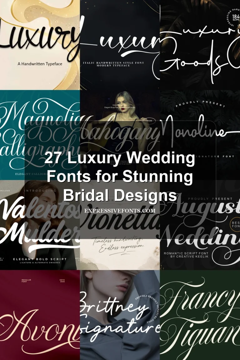 Cover image for 27 Luxury Wedding Fonts for Stunning Bridal Designs, showing previews of elegant script, signature, and calligraphy fonts from the article.