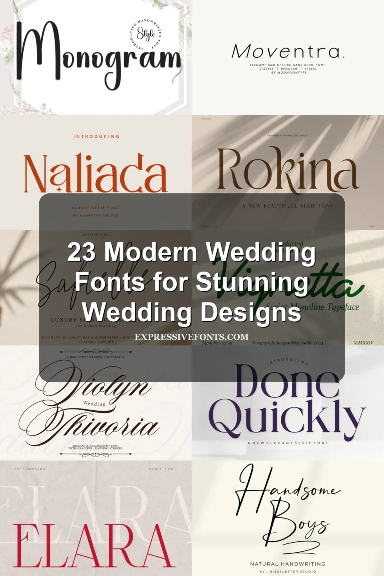 Preview cover for 23 Modern Wedding Fonts for Stunning Wedding Designs, showing font previews from the article.
