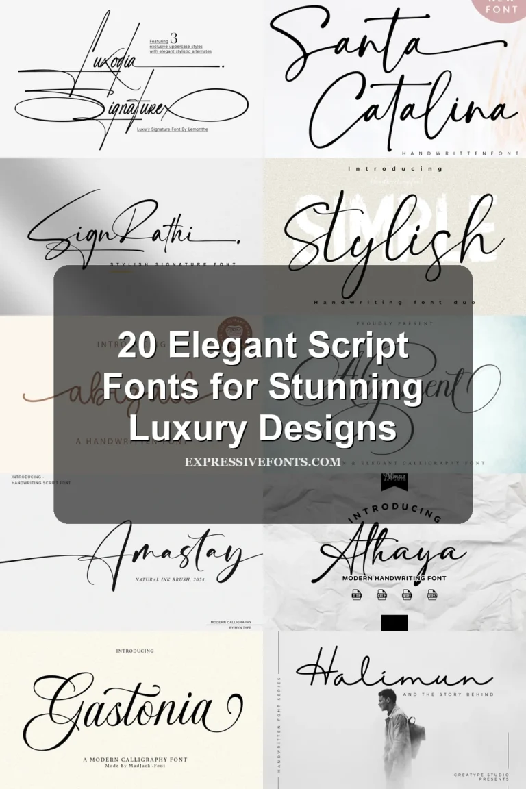 Font previews from 20 Elegant Script Fonts for Stunning Luxury Designs showing elegant script lettering styles for logos, invitations, and branding