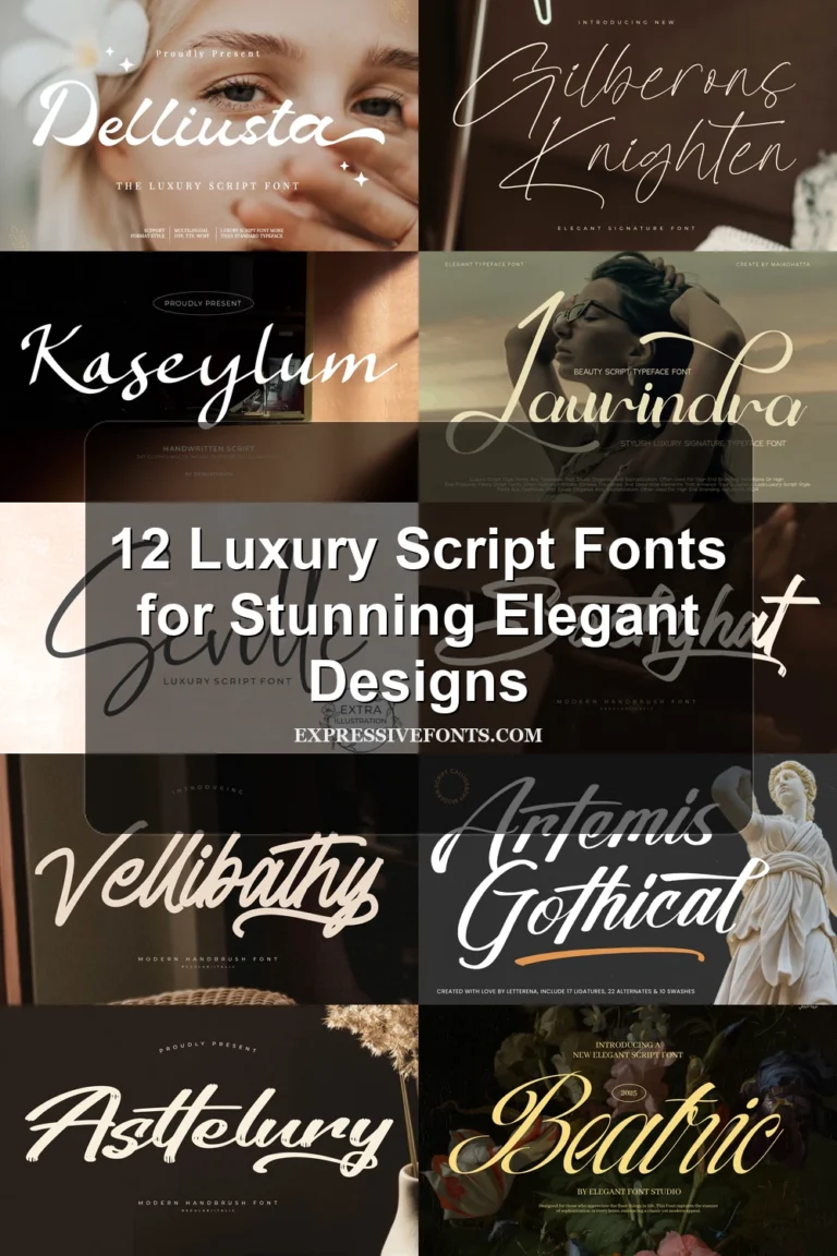 Cover image showing previews of luxury script fonts from the article 12 Luxury Script Fonts for Stunning Elegant Designs