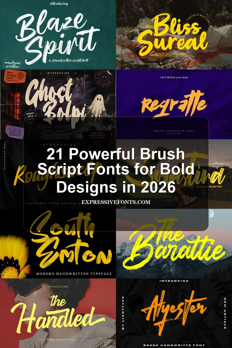 Preview collage of brush script font samples from 21 Powerful Brush Script Fonts for Bold Designs 2026