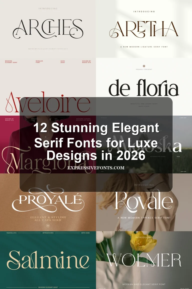 Cover image for 12 Stunning Elegant Serif Fonts for Luxe Designs in 2026 with previews of elegant serif fonts from the article.
