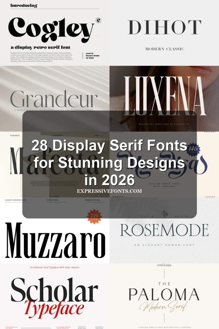 Cover image showing previews of display serif fonts from the article 28 Display Serif Fonts for Stunning Designs in 2026