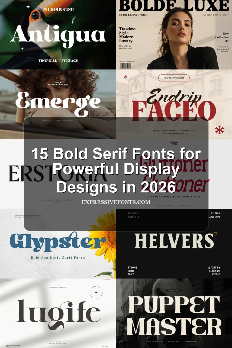 Cover image for Bold Serif Fonts 2026 15 Stunning Picks for Designers, showing font previews from the article.