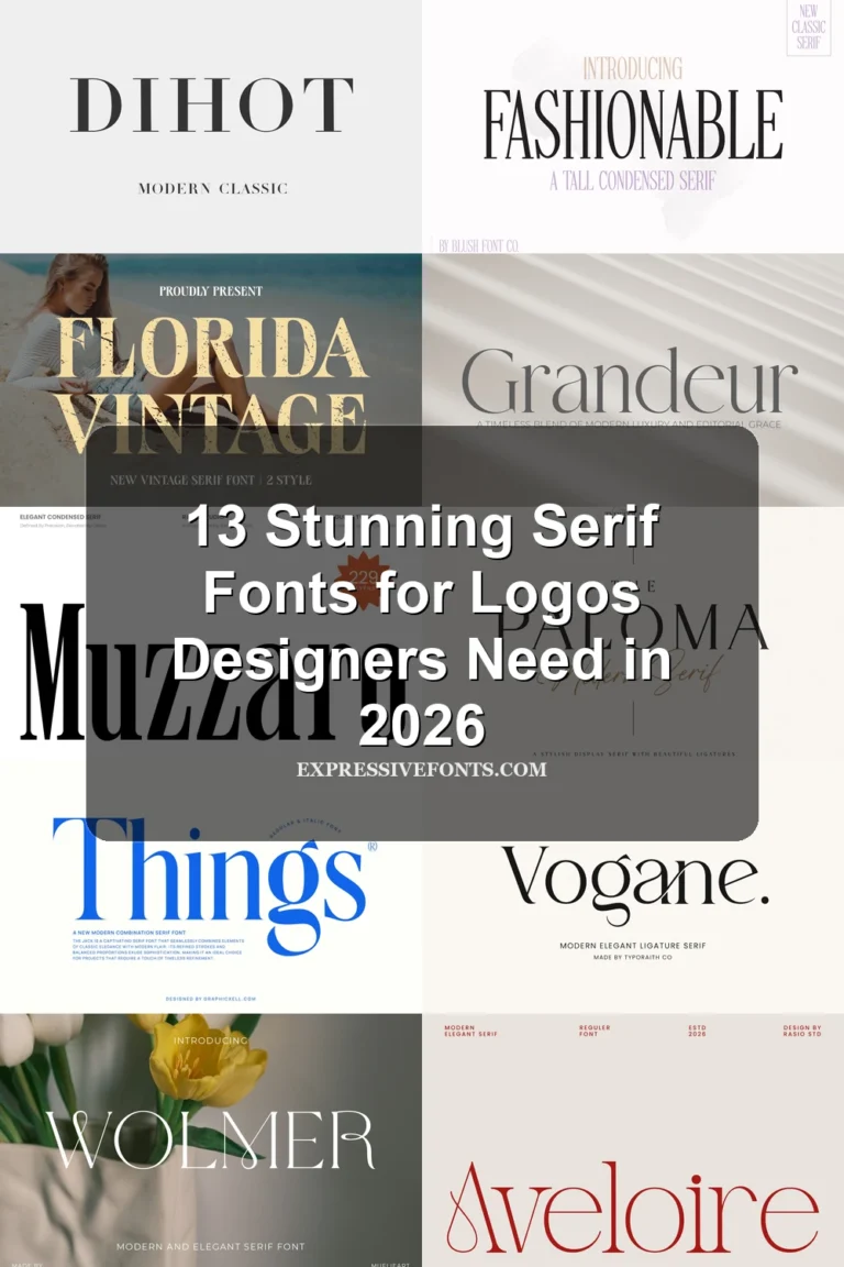 Cover image for 13 Stunning Serif Fonts for Logos Designers Need in 2026 with previews of serif fonts from the article.