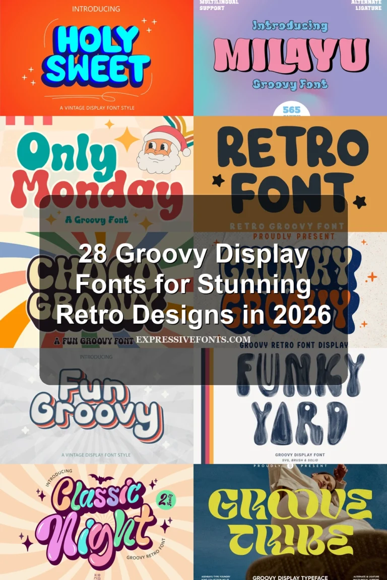 Cover image with font previews from 28 Groovy Display Fonts for Stunning Retro Designs in 2026
