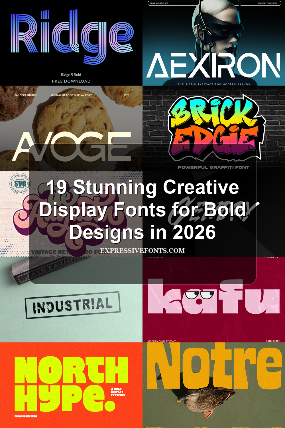 Cover image with previews of fonts from 19 Stunning Creative Display Fonts for Bold Designs in 2026