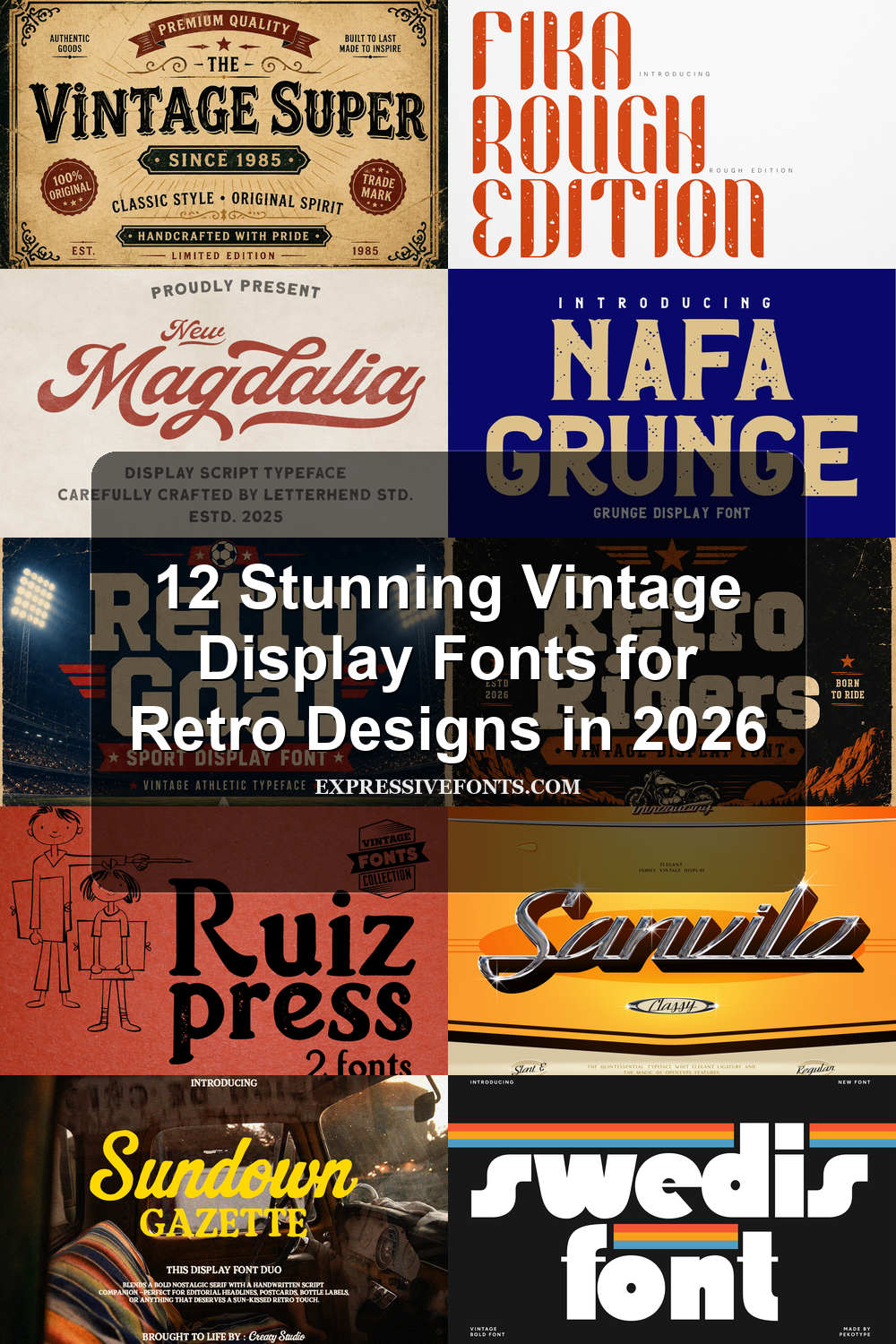 Cover image for 12 Stunning Vintage Display Fonts for Retro Designs in 2026 featuring preview samples of fonts from the article.
