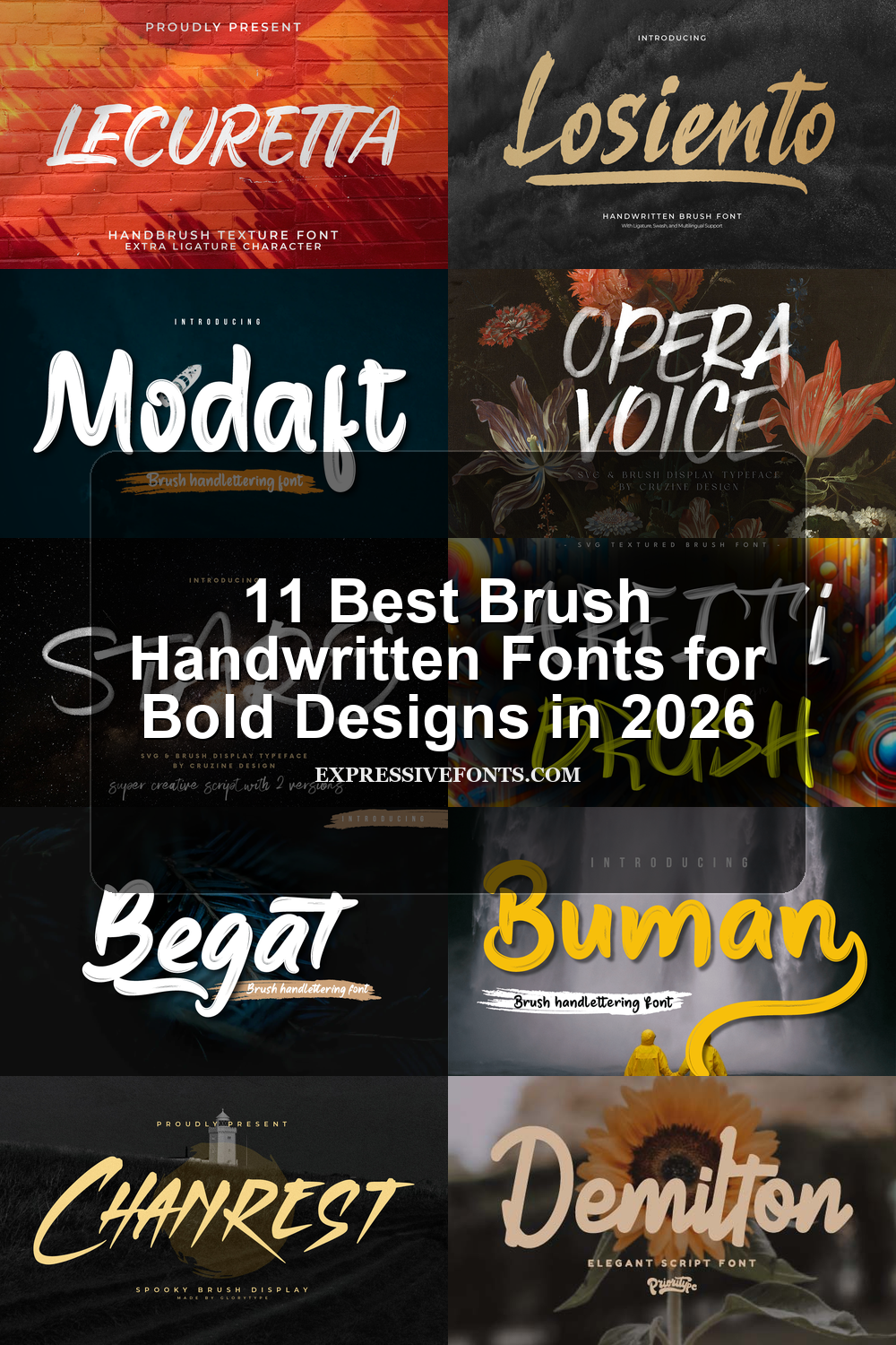 Cover image for 11 Best Brush Handwritten Fonts for Bold Designs in 2026, featuring preview fonts from the article in expressive brush lettering styles.