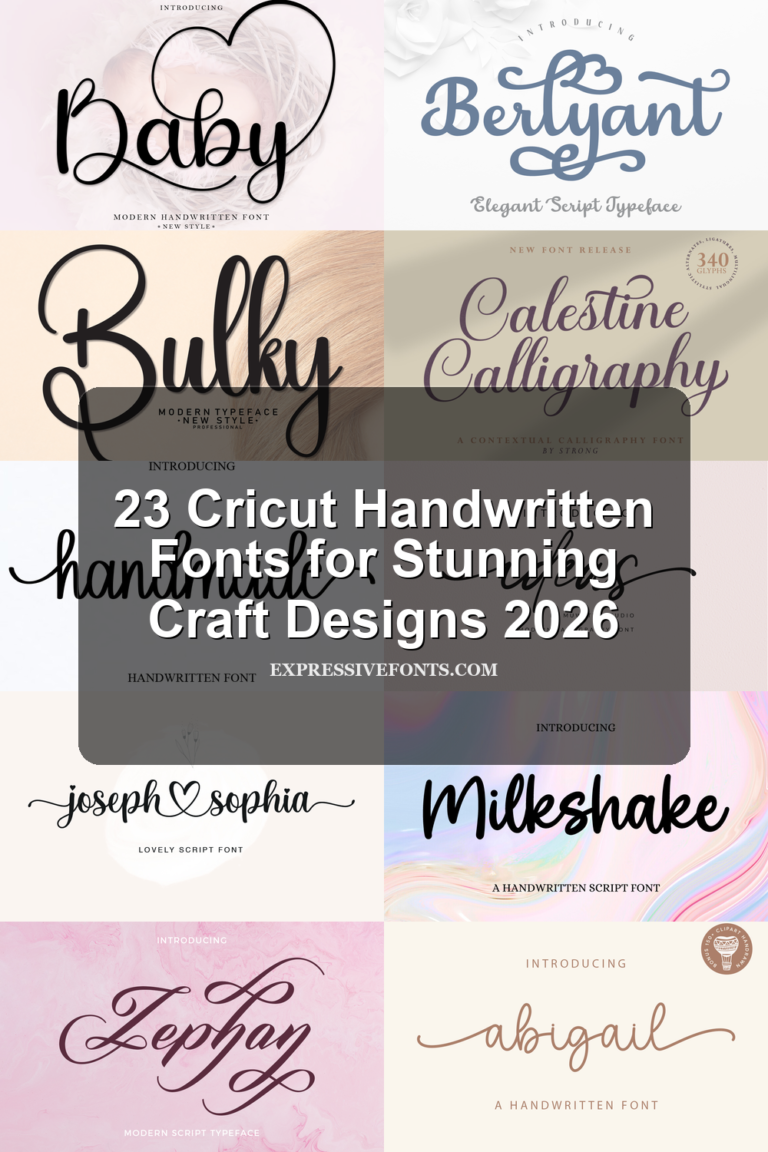 Cover image with previews of handwritten script fonts from the article 23 Cricut Handwritten Fonts for Stunning Craft Designs 2026