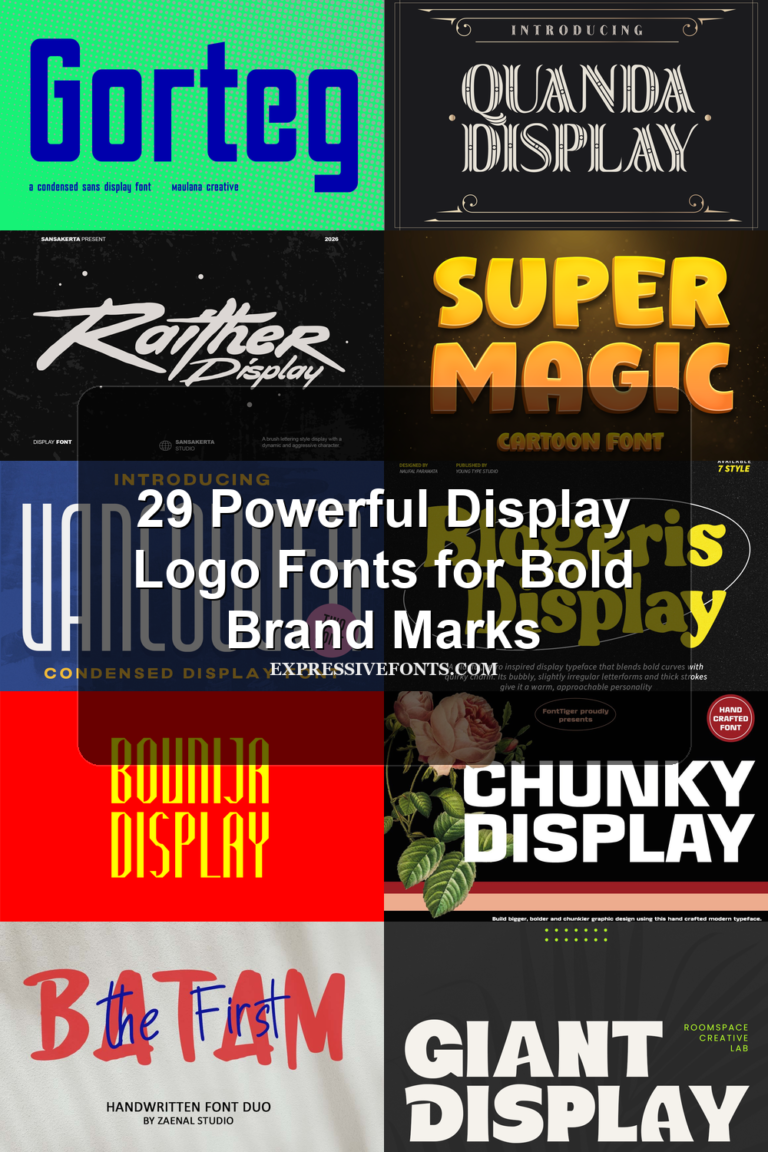 Cover image for 29 Powerful Display Logo Fonts for Bold Brand Marks with previews of display logo fonts from the article