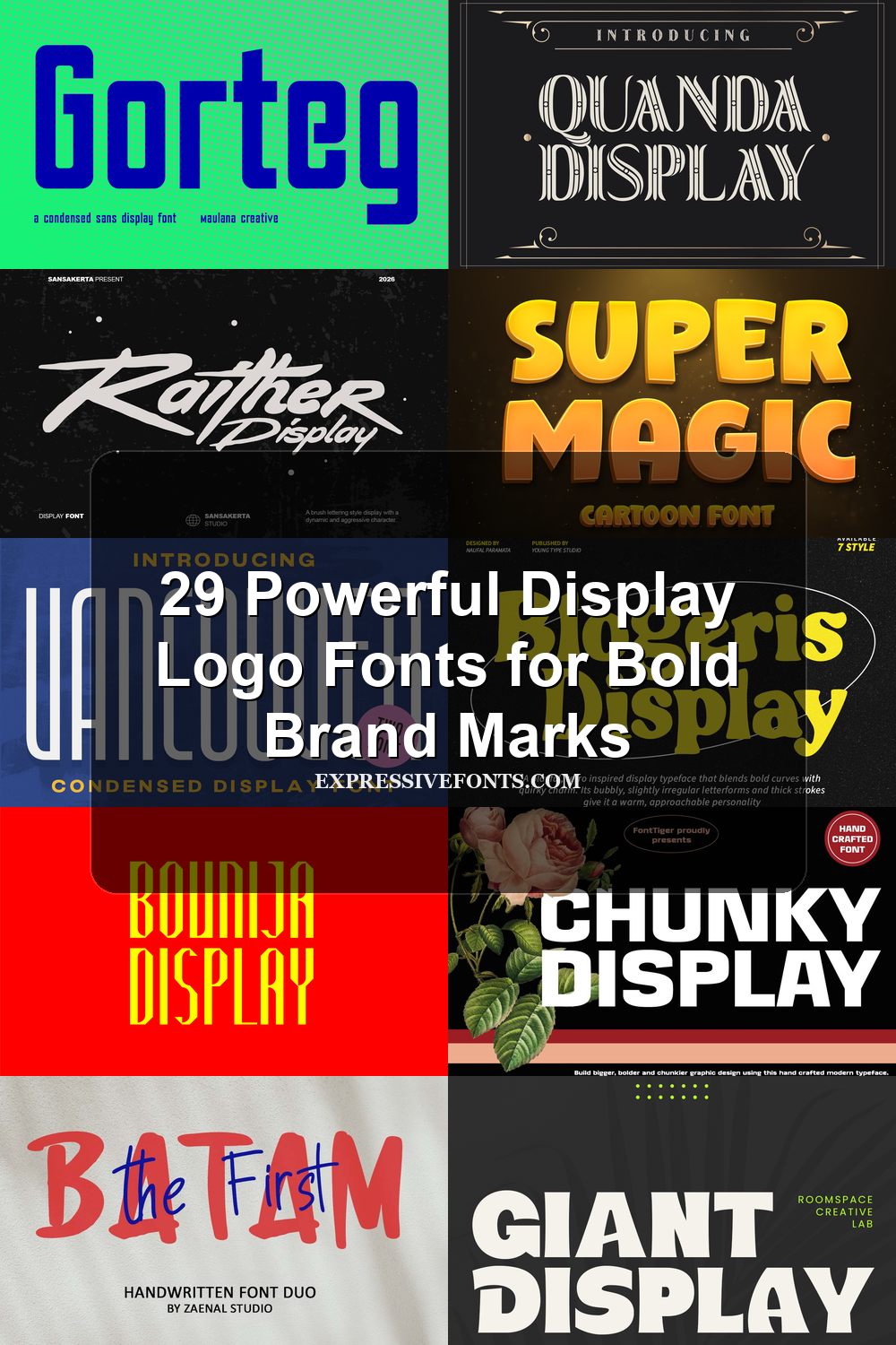 Cover image for 29 Powerful Display Logo Fonts for Bold Brand Marks with previews of display logo fonts from the article