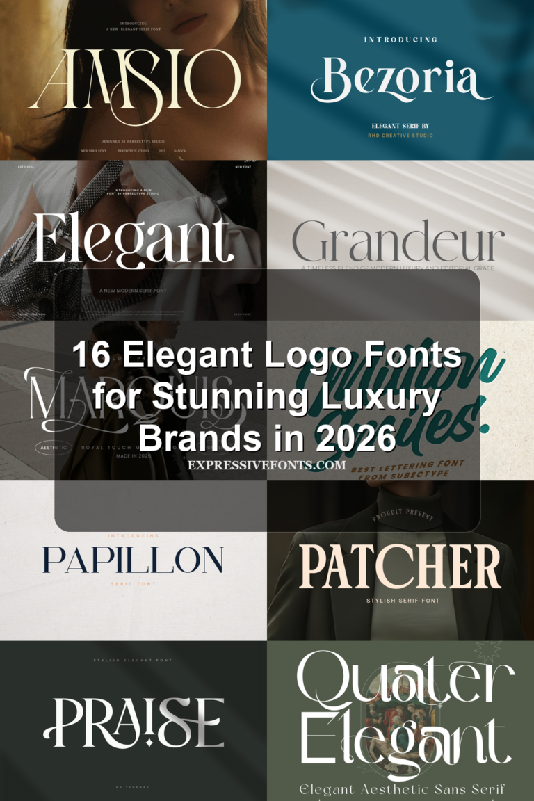 Cover image for 16 Elegant Logo Fonts for Stunning Luxury Brands in 2026 with previews of elegant serif, script, and swash fonts from the article.