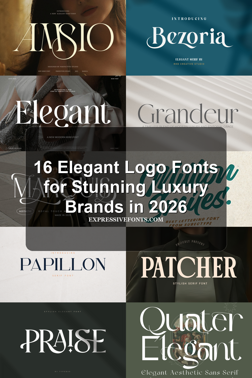Cover image for 16 Elegant Logo Fonts for Stunning Luxury Brands in 2026 with previews of elegant serif, script, and swash fonts from the article.