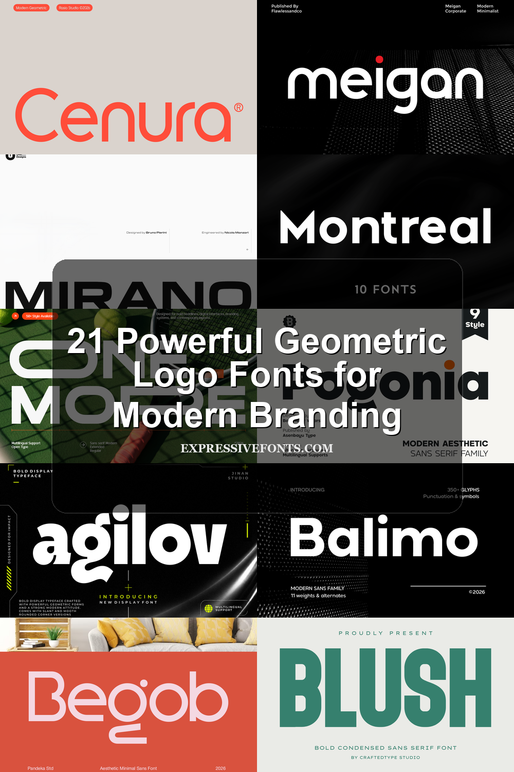 Featured image for 21 Powerful Geometric Logo Fonts for Modern Branding with previews of fonts from the article arranged for logo design inspiration