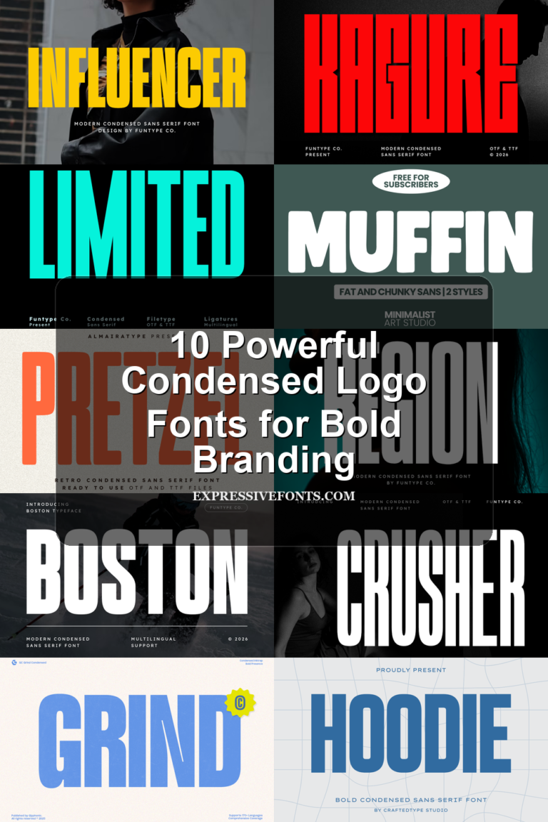 Cover image for 10 Powerful Condensed Logo Fonts for Bold Branding showing preview samples of condensed logo fonts from the article.