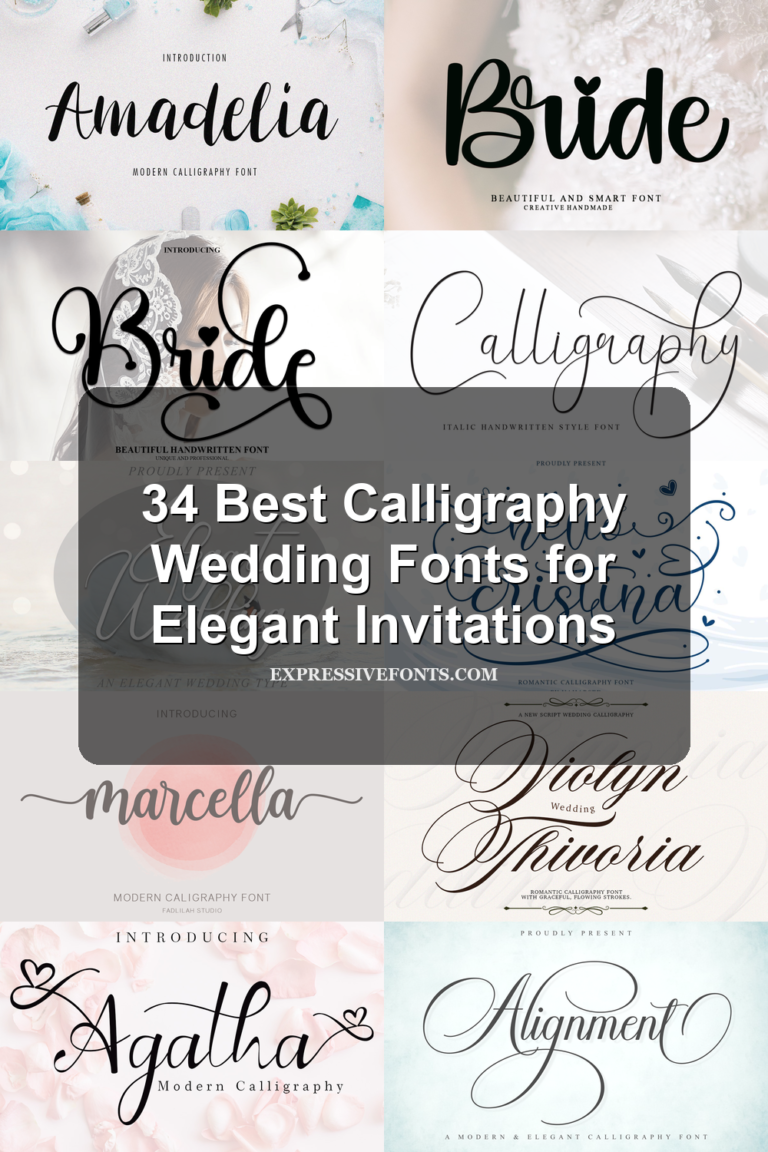 Cover image for 34 Best Calligraphy Wedding Fonts for Elegant Invitations with previews of wedding calligraphy fonts from the article.