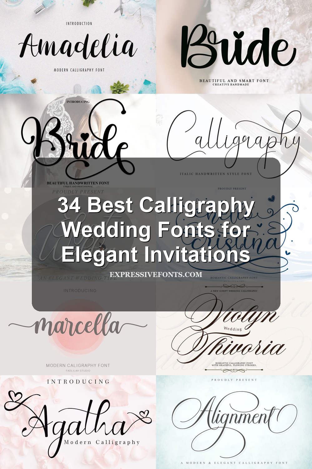 Cover image for 34 Best Calligraphy Wedding Fonts for Elegant Invitations with previews of wedding calligraphy fonts from the article.