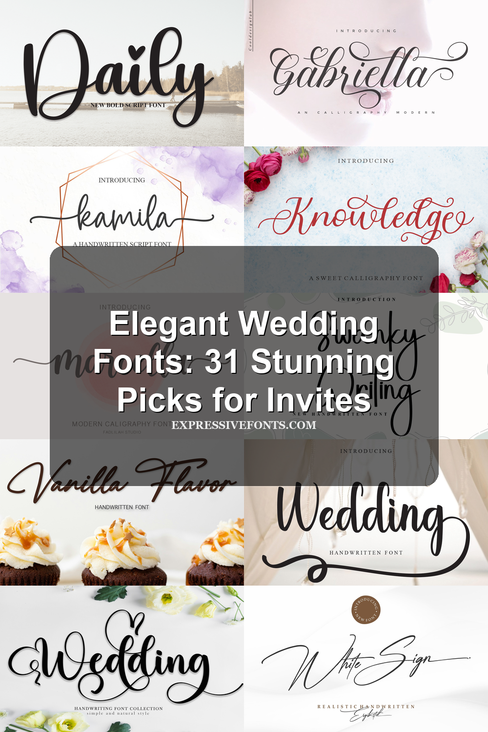 Cover image with previews of fonts from the article Elegant Wedding Fonts: 31 Stunning Picks for Invites