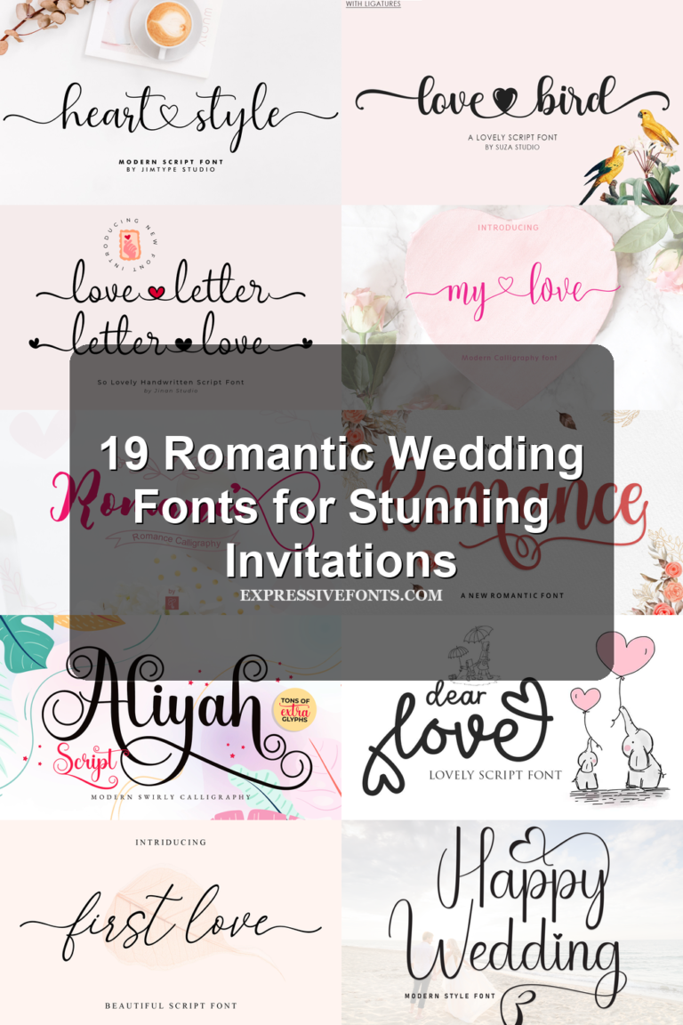 Cover image for 19 Romantic Wedding Fonts for Stunning Invitations with previews of romantic wedding fonts from the article