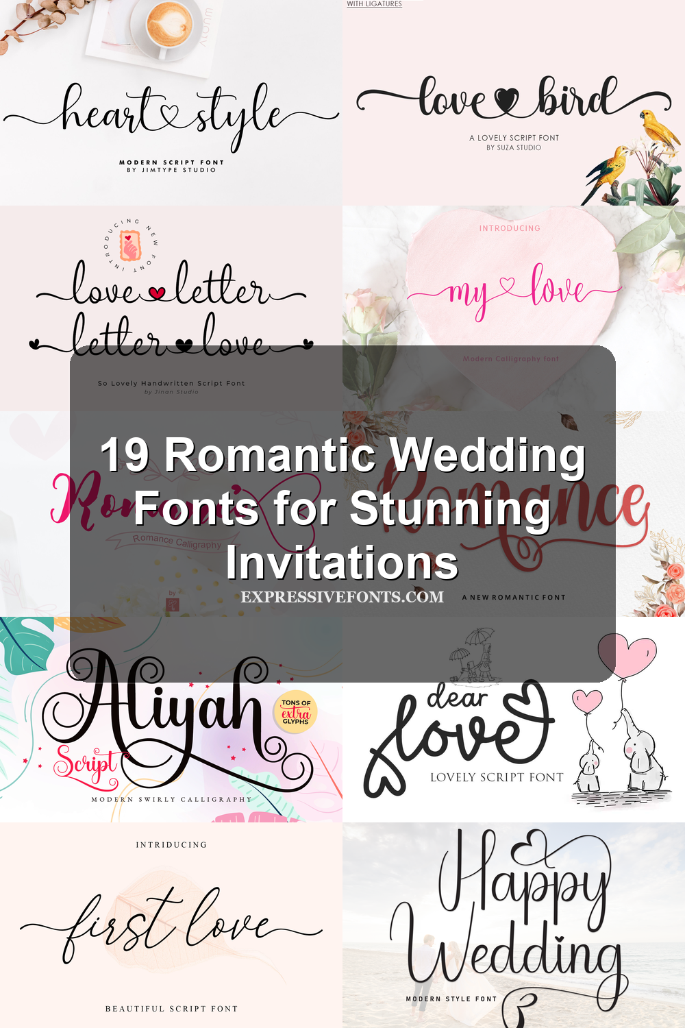 Cover image for 19 Romantic Wedding Fonts for Stunning Invitations with previews of romantic wedding fonts from the article