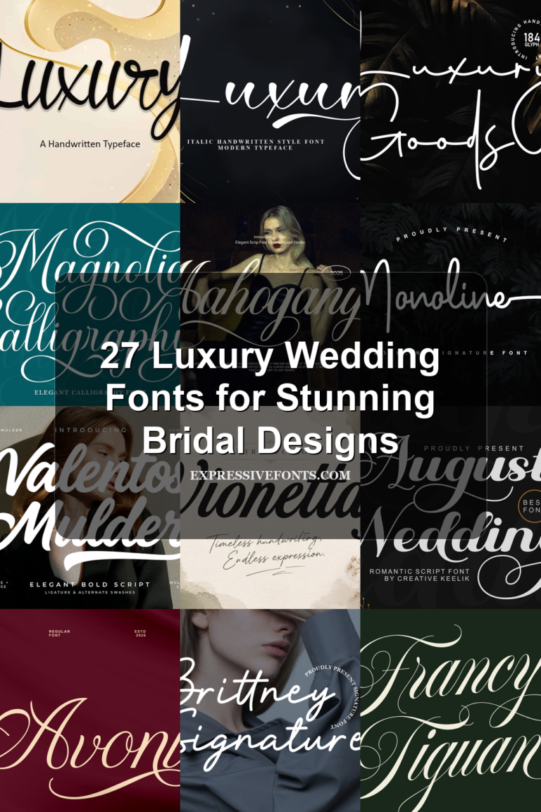 Cover image for 27 Luxury Wedding Fonts for Stunning Bridal Designs, showing previews of elegant script, signature, and calligraphy fonts from the article.