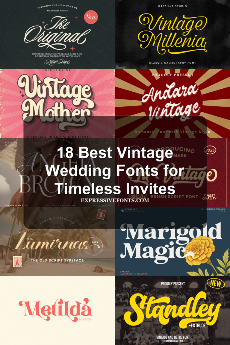 Cover image showing previews of fonts from the article 18 Best Vintage Wedding Fonts for Timeless Invites