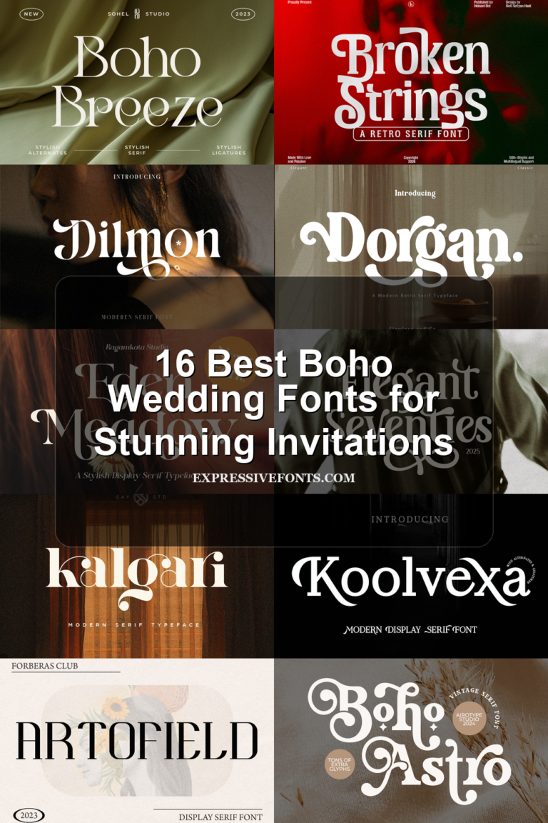 Cover image with previews of boho wedding fonts from the article 16 Best Boho Wedding Fonts for Stunning Invitations