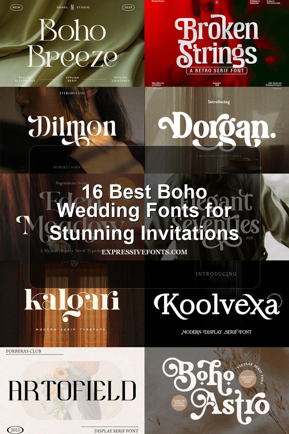 Cover image with previews of boho wedding fonts from the article 16 Best Boho Wedding Fonts for Stunning Invitations