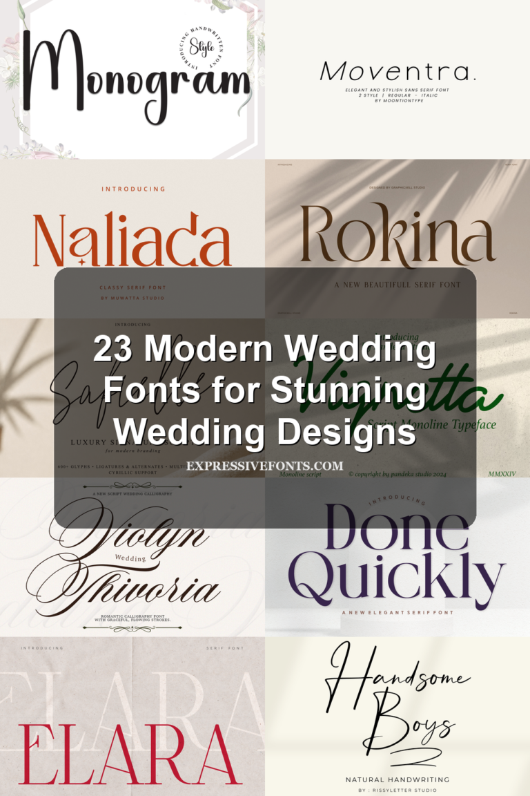 Preview cover for 23 Modern Wedding Fonts for Stunning Wedding Designs, showing font previews from the article.